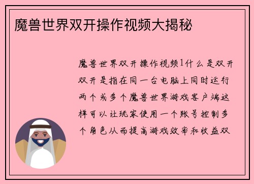 魔兽世界双开操作视频大揭秘